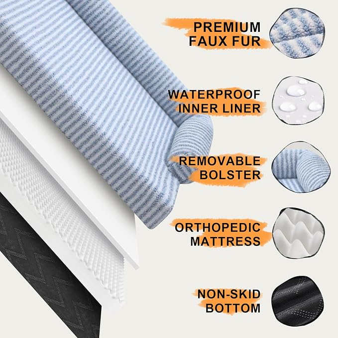 Orthopedic XL Dog Bed with Bolster for Extra Large Size Dogs | Pillow Support for Neck Relief, Egg Crate Foam, Skin-Friendly Surface, Waterproof Liner, Anti-Slip Bottom, 42 x 30 Inch