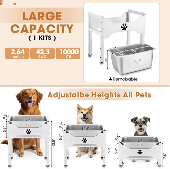 Mimorou 2.64 Gal Elevated Large Dog Water Bowl Raised Stainless Steel Bowl Stand Large Breed with Height Adjustable 7.8-12.5" Non-Slip Dog Feeding Station for Pressure Relief Indoor Outdoor(White)