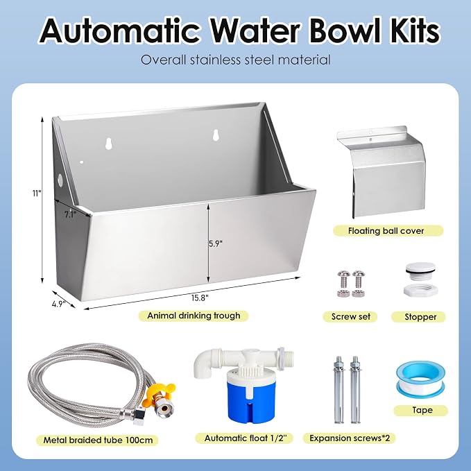 Automatic Water Dispenser for Large Dogs, 2.1 Gallon Stainless Steel Auto Water Bowl Self Filling, Waterer Feeder for Outdoor Animals Drinking, Chicken Livestock (Drainage Hole)