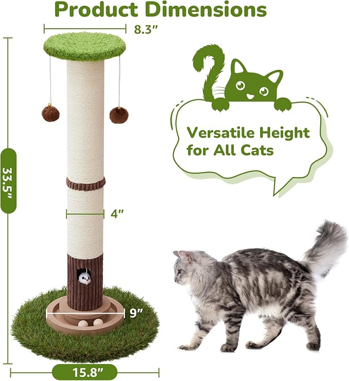 Woochpet Cat Scratching Post 34 Inch Tall Heavy Duty Sisal Scratcher with Interactive Track Mouse Toy Condo Top Jingle Balls for Indoor Kittens,Green
