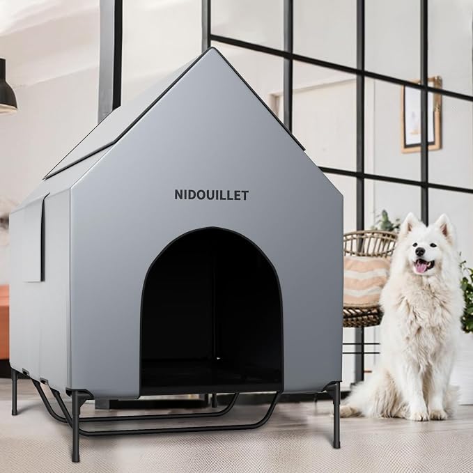 Dog House Outdoor Large Dog House 48 Inch Weatherproof Kennel with Bed | Windproof Waterproof Easy Wipe Clean, 200Lbs Capacity, Sturdy 600D PVC Construction Ideal Outdoor Shelter For Large Dogs