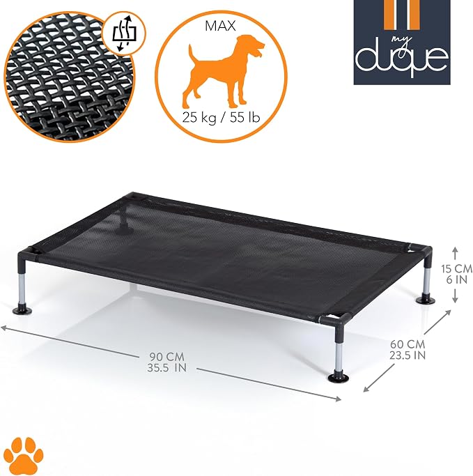 COOLA Pet Bed - Large - Black, 35.5 x 23.5 Dog Lounger, Breathable Mesh Fabric, Elevated Structure for Joints, Steel Frame, Animal 55lb Cap