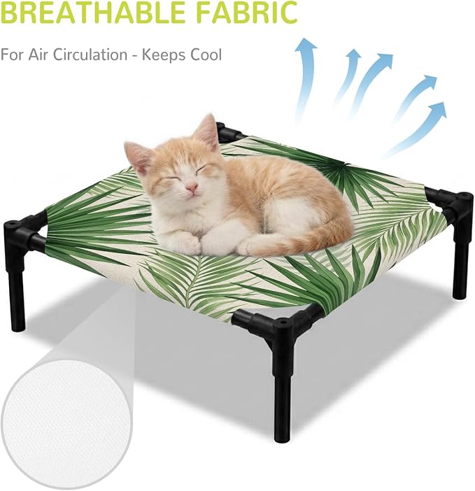 Outdoor Elevated Dog Bed for Small Dogs, Summer Leaves Breathable Cooling Raised Dog Cot for Indoor/Outdoor, Rustic Tropical Palm Leaf Plants Branches Waterproof Elevated Pet Beds, S 20 x 20 in