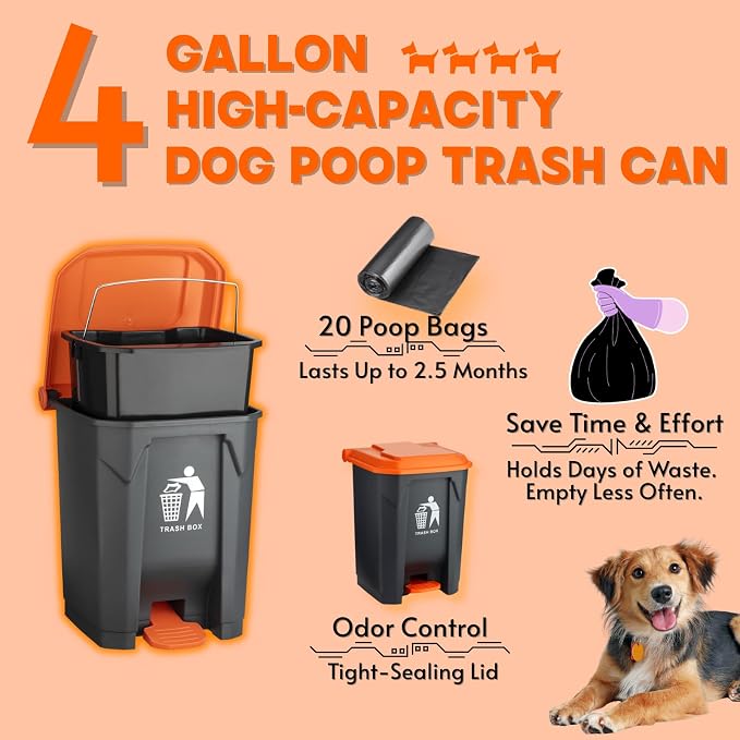 Pooper Scooper 6 Pack Set -INCL 15L Trash Can Outside, 20 Waste Bags, 38" Long Handle Dog Pooper Scooper Rake Tray Spade Set for Large Dog,OdorLock Step Can for no Touch Dog Poop for Grass/Gravel