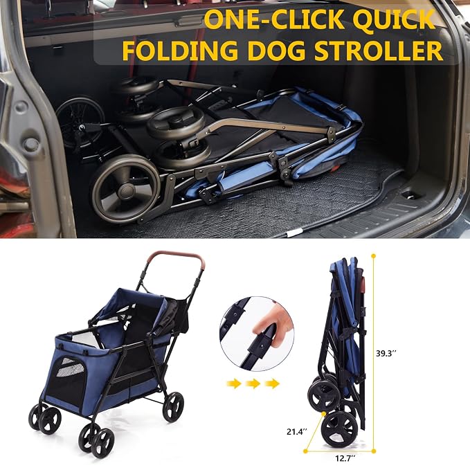 Dog Stroller for Large & Medium Dogs, Foldable Pet Stroller for 2 Small Dogs Up to 66lbs, with All-Terrain Wheels, Breathable Mesh Ventilation & Storage Pocket (Blue)