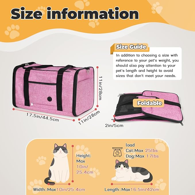 YUDODO 2 Packs 25 lbs Lightproof Soft Sided Pet Carrier for Large Cat & Small Dog Airline Approved Travel Bag Puppy Carriers with Side Pockets & Reflective Mesh, Foldable Portable Pink+Lake Blue