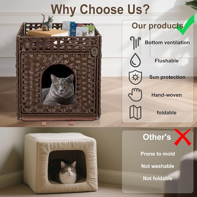 Handwoven Rattan Cat Litter Box Enclosure Furniture - Hidden Cabinet with Odor-Control Mat, Anti-Spill Fence & Secure S-Hooks for Living Room/Bedroom, 18.2"x18.2"x24.5" (Brown)