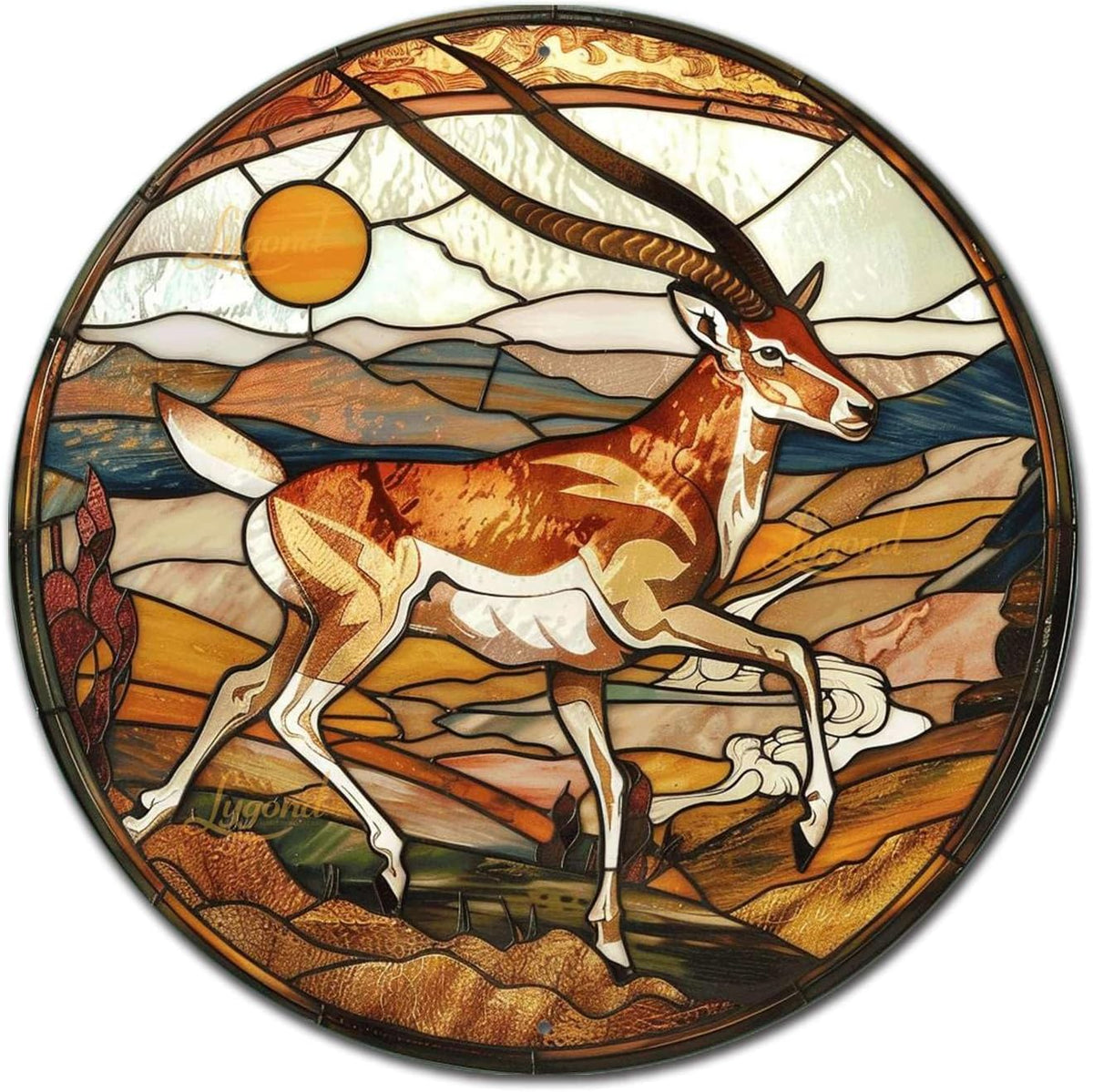 Lygond Metal Sign Tin Sign Circular Stained Glass Pronghorn Home Deccor Store Home Decor for Garden 12×12 Inches
