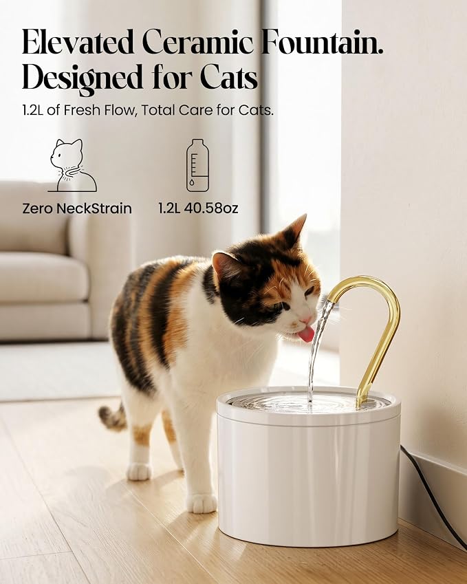 Tomxcute Ceramic Cat Water Fountain, 1.2L/40oz Copper Spout, Quiet Pump | For cats & small pets, 3 flow modes,Prevents Feline Acne, Dishwasher Safe, 2 filters included