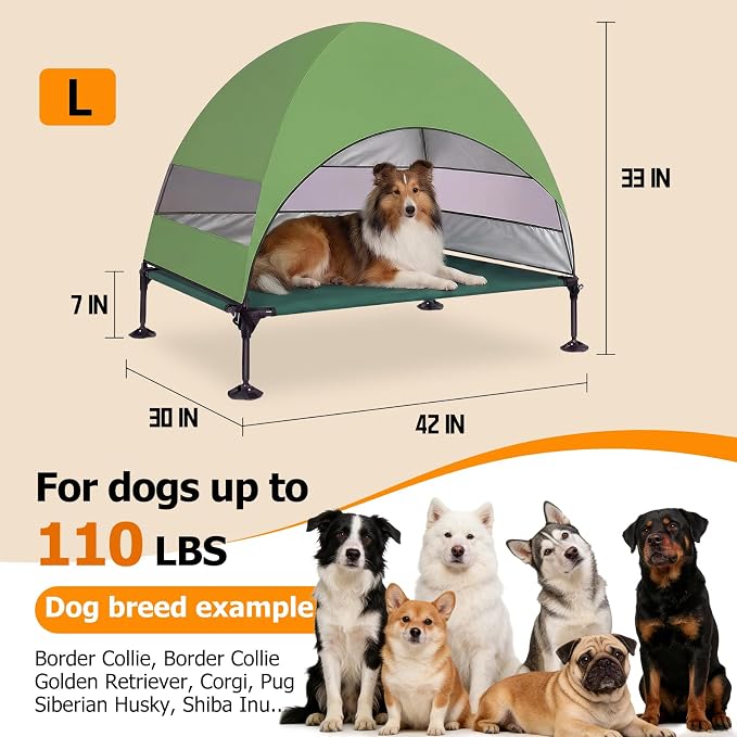 Elevated Dog Bed with UV-Proof Canopy, Outdoor Dog Tent with Powerful Adjustable Feet, Portable Pet Cot with Wider Shade, Raised Cooling Bed for Camping, Patio, Beach, Poolside