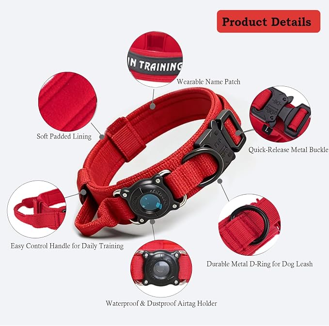 AirTag Dog Collar for Large Dogs Tactical Dog Collar with AirTag Holder | Upgrade Waterproof,Control Handle,Quick-Release Metal Buckle,1000D Nylon Fabric,Soft-Padded Webbing,Velcro Patch(RED,XL)