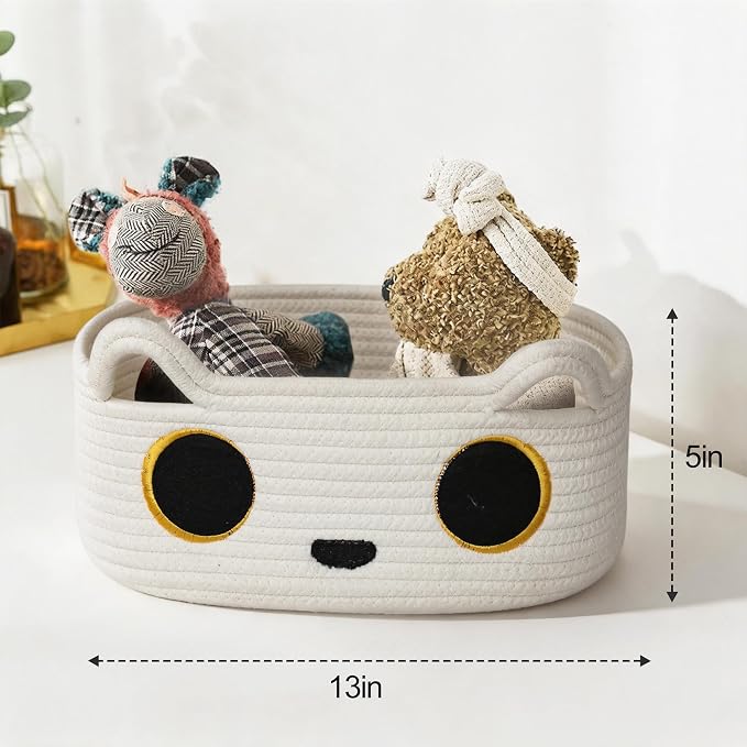 White Cat Toy Basket, Small Woven Cat Toy Storage Box with Cute Ears Handle Indoor, Cotton Rope Storage Bin with Embroidered Face for Home Decor, Pet Bed, Baby Nursery Kids Room Organization