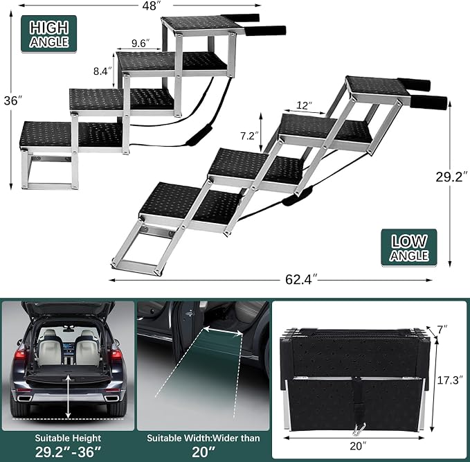 Joyrally 4-Step Dog Stairs for Car, Large Dogs, High-Traction Mat | 20 in extra-wide aluminum frame, 200 lb capacity and foldable design for SUV and truck trunks, for senior and injured dogs
