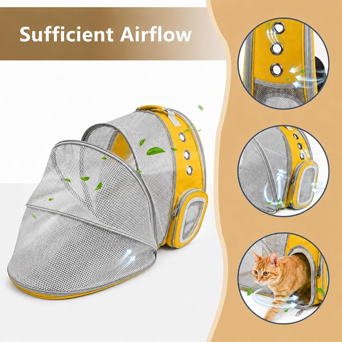 Cat Backpack Carrier Back Expandable Bubble Pet Carrier Backpack for Large Cat, Kitten and Dog, Designed for Hiking, Travelling and Outdoor Use (Back Expandable-Yellow)