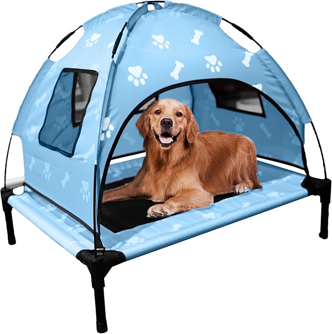 Elevated Covered Dog Bed - 36" x 36" x 30" - Dog Shade Canopy Lounger for Small & Large Dogs (Up to 110 lbs) - Portable & Durable - Cooling, UV & Water Resistant with Mesh Windows - Pastel Blue