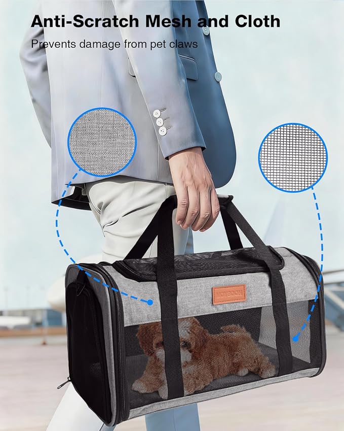 Pet Carrier Airline Approved for Pets Up to 10 Lb, 17x11x9.5 in | Underseat, Top & Side Entry Soft Dog Cat Travel Carrier with Safety Zippers & Anti-Scratch Mesh for Small Cat and Dog, Grey