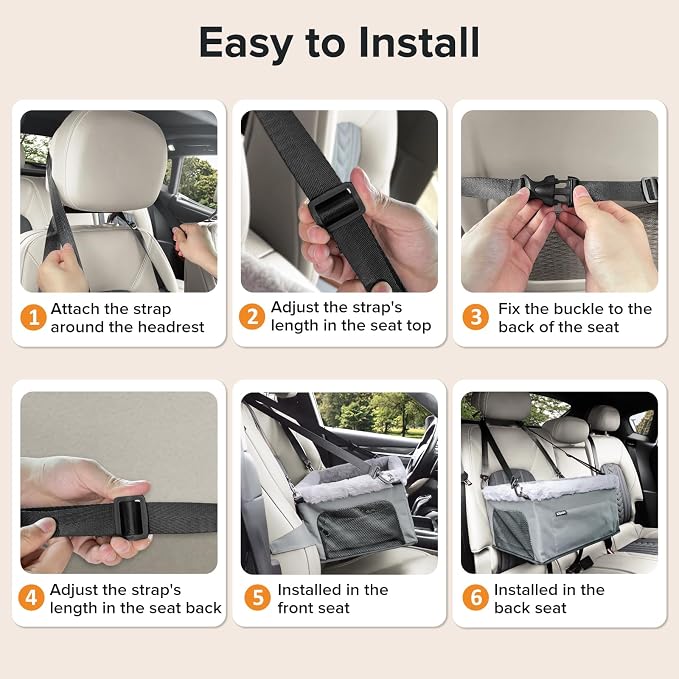 JOEJOY Deluxe Dog Booster Seat with Sturdy Metal Frame and Safety Leash for Small Pets up to 20 lbs - Portable Puppy Dog Car Seat with Thick Cushion and Storage Pockets for Small Dogs, Brown