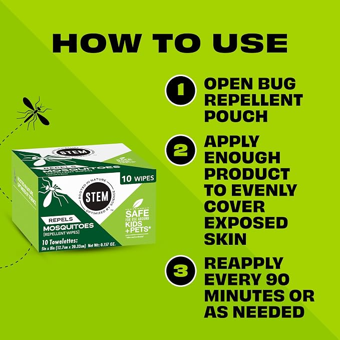 STEM Mosquito and Tick Repellent Wipes with Botanical Extracts - 10 Wipes (Pack of 8)
