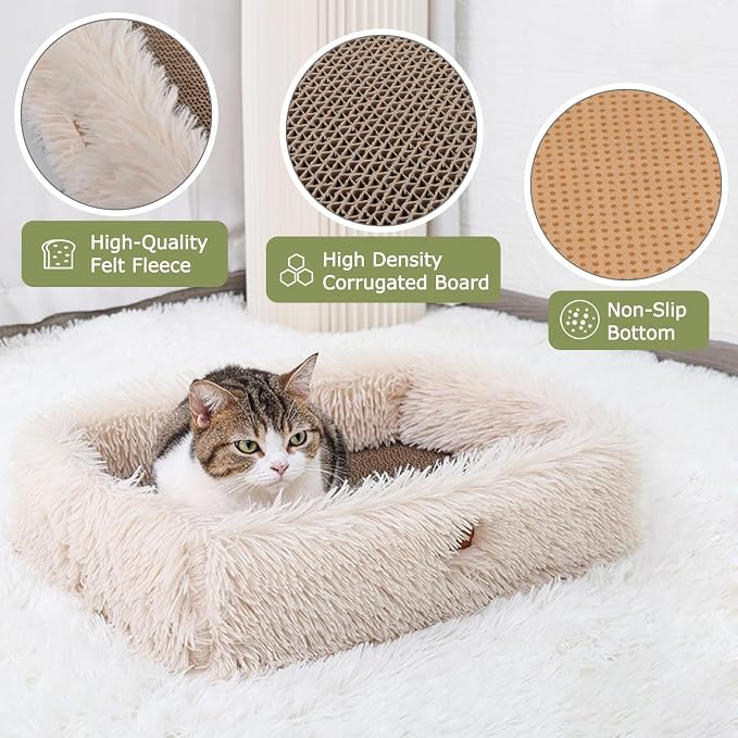 Cat Lounge Scratcher Box with Removable Cardboard (Beige) | High-density Corrugated Cardboard with Double-sided Use, Soft Long Plush, Release Stress and Protect Furniture