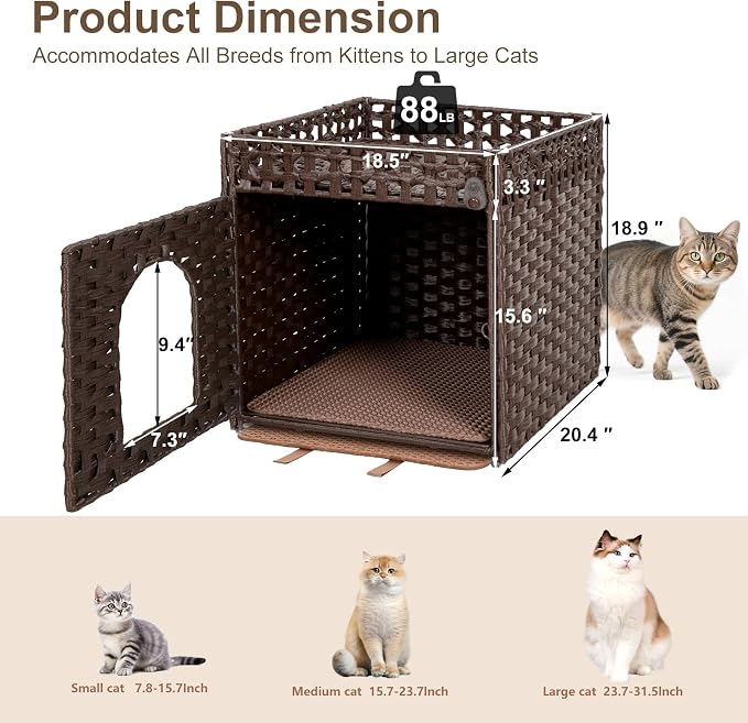 Handwoven Rattan Cat Litter Box Enclosure Furniture - Hidden Cabinet with Odor-Control Mat, Anti-Spill Fence & Secure S-Hooks for Living Room/Bedroom, 18.2"x18.2"x24.5" (Brown)