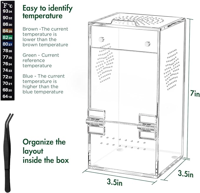 Pre-Assembled Jumping Spider Enclosure, All-Side Ventilation | 3.5"×3.5"×7" Escape-Proof Spider Terrarium Kit with Accessories & Magnetic Door for Tarantula, Mantis, Tweezer & Temp Sticker