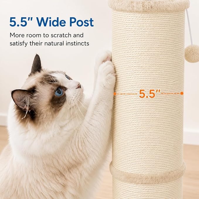 Sisal Cat Scratching Post for Indoor Cats & Kittens, 5.5" Diameter Heavy Duty Vertical Scratcher, 32 Inch Extra Tall Furniture Protector with Stable Base, Beige