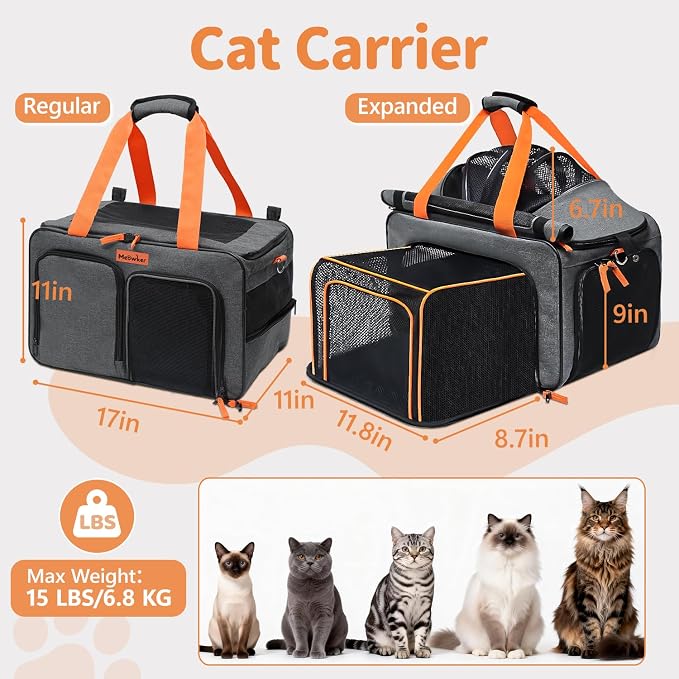 Cat Pet Dog Carrier Soft Sided Airline Approved, Large Foldable Travel Cat Bag for Kittens & Puppies Up to 15 Lbs, Top Loading Mesh, Expandable Breathable Comfort for Transport Scenarios