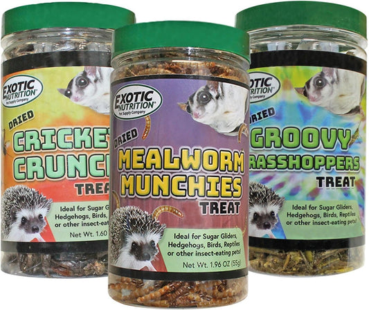 Exotic Nutrition Dried Insect 3 Pack - Crickets, Grasshoppers, Mealworms - for Sugar Gliders, Hedgehogs, Wild Birds, Chickens, Turtles, Tropical Fish, Reptiles