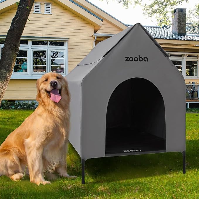 Zooba Large Dog House Outdoor, 36in Elevated 2-in-1 Cot & Canopy | Breathable mesh keeps dogs cool; water-resistant canopy for mild weather; interior fits Labs, Goldens, 15-min setup