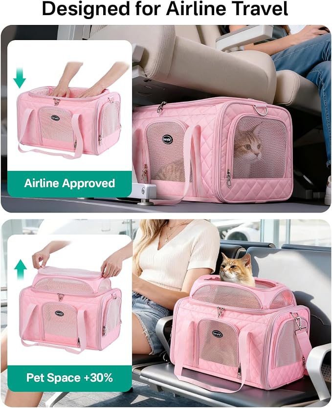Cat Carrier Airline Approved 17x11x9.5 Inches, Top Expandable Soft Sided Pet Travel Carrier for Cats & Small Dogs, Fits Under Airline Seat with Locking Zippers, Pink