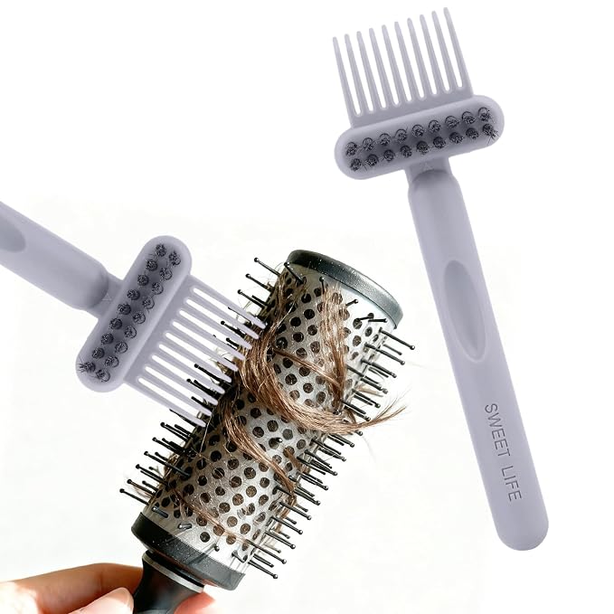 2-in-1 Comb Cleaner with Pick and Bristles, Portable Hair Brush Cleaner Tool Hairbrush Cleaning with Ergonomic Handle for Home Salon Travel Use Hairstylist Essentials (Gray)