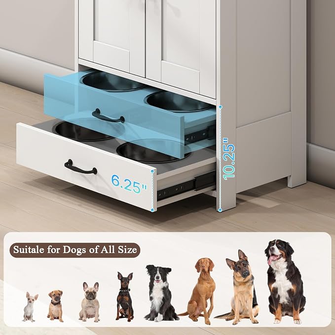 Rovibek Dog Feeding Station with Elevated Dog Bowls with Storage Drawers | Pet Storage Cabinet and Pet Feeding Station with Leash Hooks, Pet Organizers for Food & Supplies, White