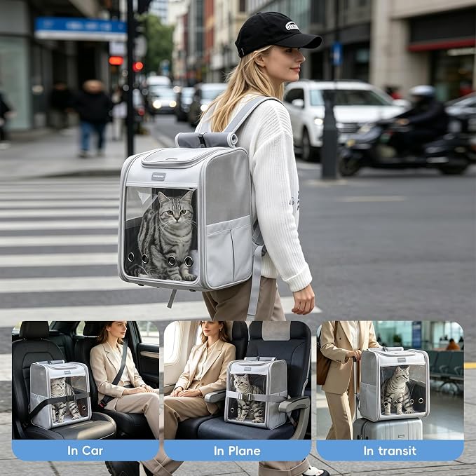Cawypety Cat Carrier Backpack,Cat Carrier with Window Blind，Cat Backpack for Small Cats Dogs, Safety Straps, Collapsible, Breathability,Designed for Travel, Hiking, Outdoor,Car
