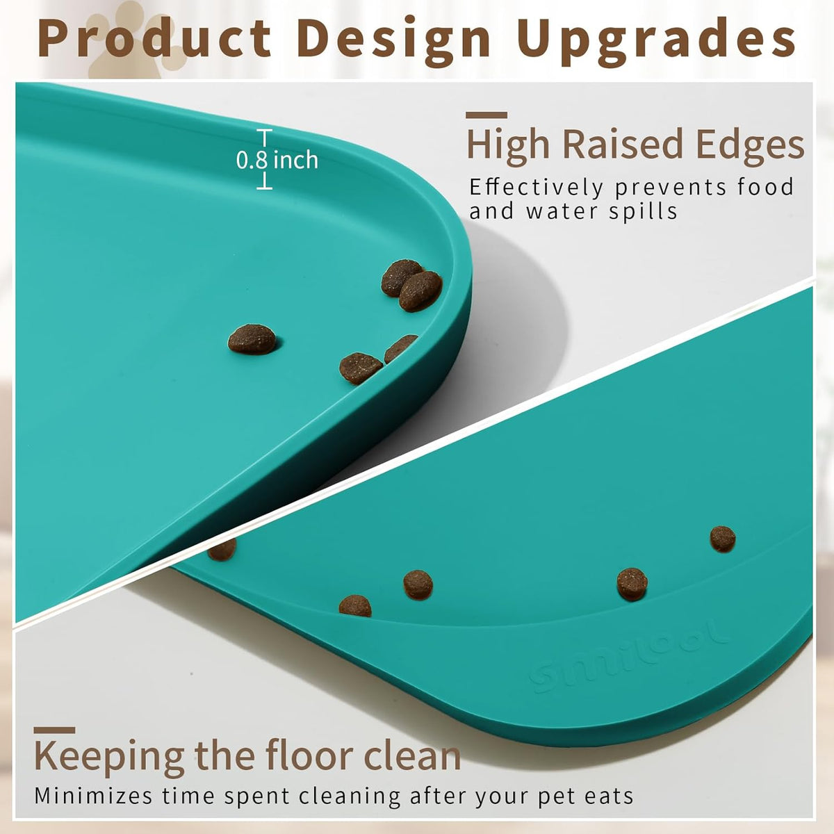 Silicone Pet Feeding Mat with Raised Edge & Residue Collection Pocket for Food and Water, Dog Bowl Mats, Cat Bowls Placemat with High Lip for Floor Waterproof, 24 x 16 x 0.8 Dark Turquoise