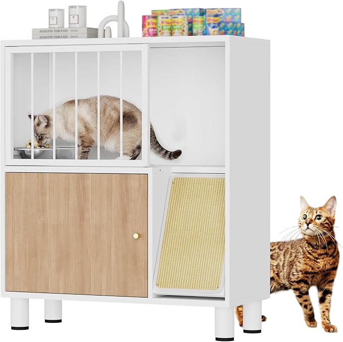 Metal Cat Feeding Station, Dog Proof Cat Feeding Station, Pet Food Storage | Cat Food Table, Raised Bowls for Indoor Cats, Elevated Food Bowls with Stand, Cat House with Scratching Board, Metal White