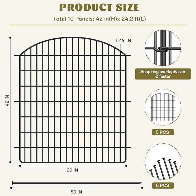 10 Panels No Dig Garden Fence with Gate, 42in x 24.2ft Decorative Dog Fence Outdoor for Yard, Tall Animal Barrier Rustproof Metal Wire Garden Edging Border, Temporary Fencing for Outdoor, Patio