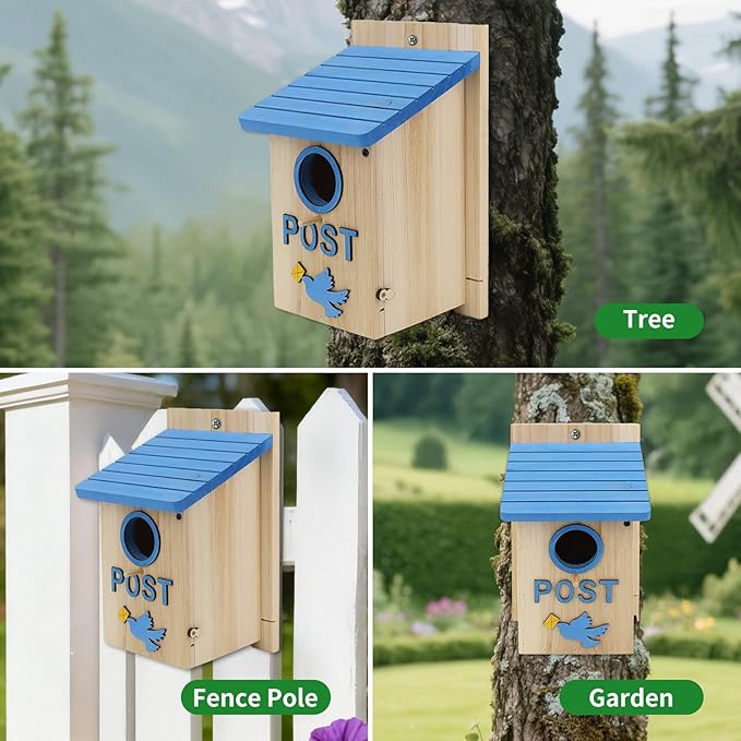 Wooden Bird Houses Bird House for Outside, Blue Wood Mailbox Bird House for Outdoors, Entrance Hole Bird House for Garden Blue Bird Hummingbird Wren Cardinal Swallow Sparrow Finch