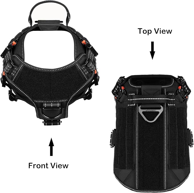ICEFANG Tactical Dog Harness for Medium Dogs,Full Metal Buckles Dog Vest | with MOLLE, Reflective,Adjustable,2 Leash Clips,Control Handle,No Pull,Soft Padded,Black,Medium