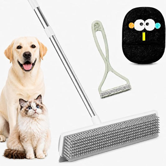 GOOGO Pet Hair Removal Tool Kit, 3 Pieces, White | 3 piece white tool kit, long handle brush, 50 in length, for pet hair on sofas, rugs, seats, and car mats