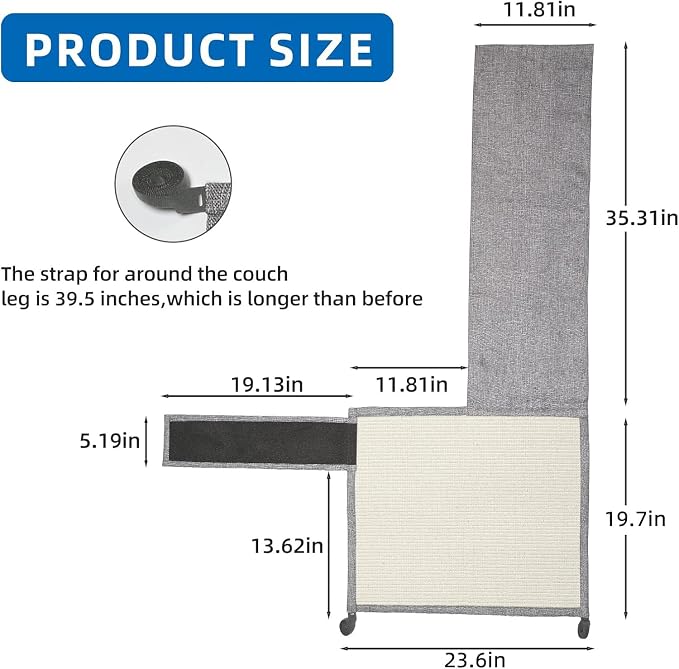 Cat Scratch Couch Protector with Natural Sisal for Protecting Couch Sofa Chair Furniture,Couch Corner Cat Ccratcher 23.6" L*19.7" W(Light Grey/Left Hand)
