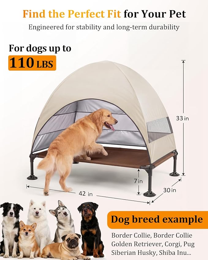 Elevated Dog Bed with Canopy - 3-Sided UV Protection Pet Tent with Wider Shade, Raised Cooling Outdoor Dog Cot with Breathable Mesh for Medium Large Dogs, Portable Bed for Camping, Patio (Khaki, L)
