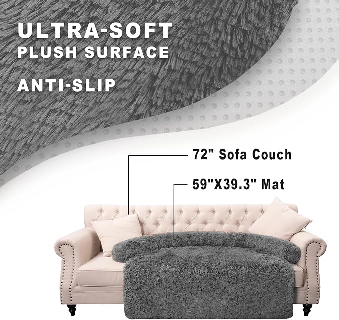 Calming Dogs/Cats Bed Mats, Dog Pad Washable Removable Couch Cover, Plush Long Fur Mat for Pets, Waterproof Lining, Perfect for Small, Medium and Large Dogs and Cats (Dark Gray, 59"x39")
