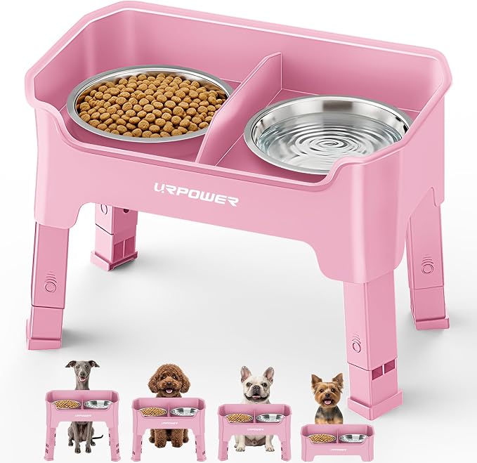 URPOWER Mess Proof Elevated Dog Bowls, Splash Guard Raised Bowl Stand | 4 Adjustable Heights, 2 Stainless Steel Bowls, Food & Water Separation, Non-Slip Base, Foldable Design for Small Dogs