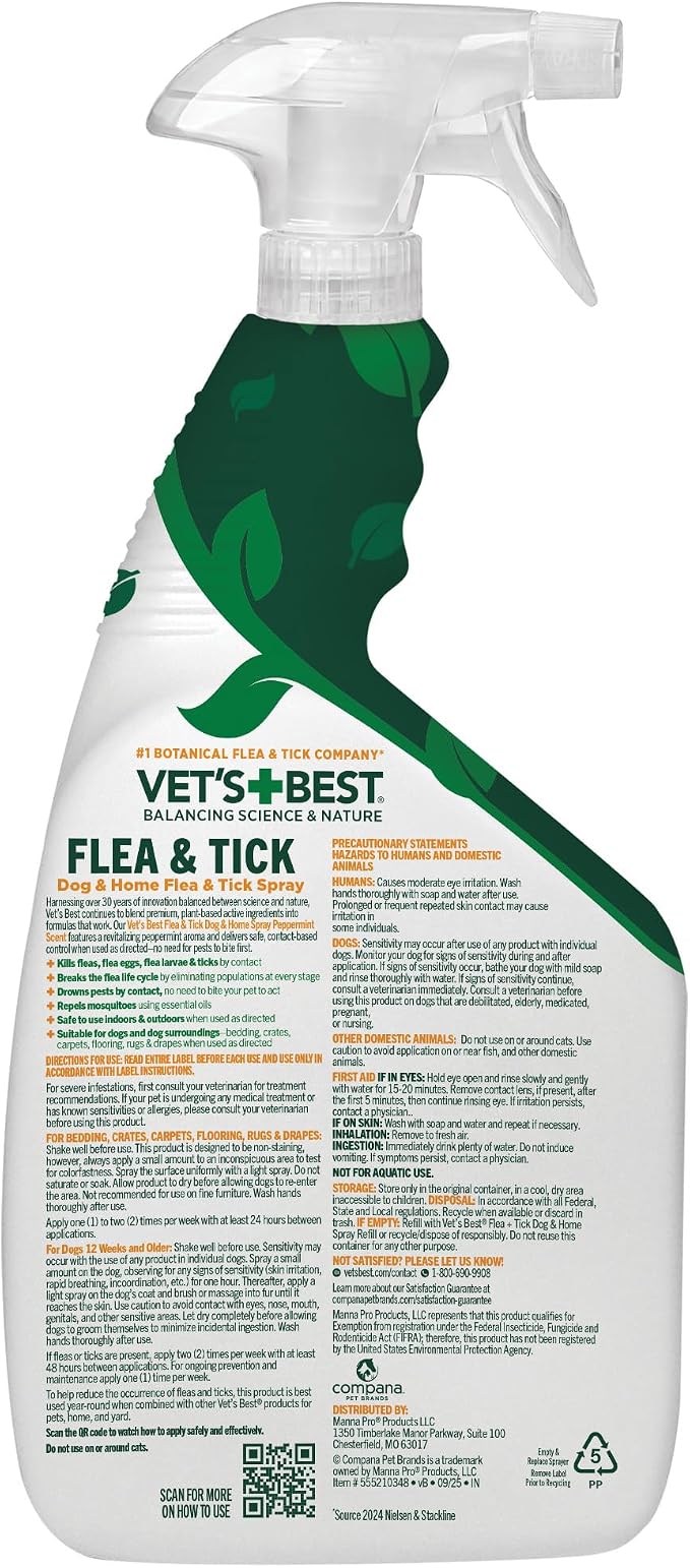 Vet’s Best Indoor Flea and Tick Spray – Dog Flea and Tick Treatment for Home, Plant-Based Formula with Natural Oils, Kills Fleas, Eggs & Ticks on Contact, Made in USA, 32 oz