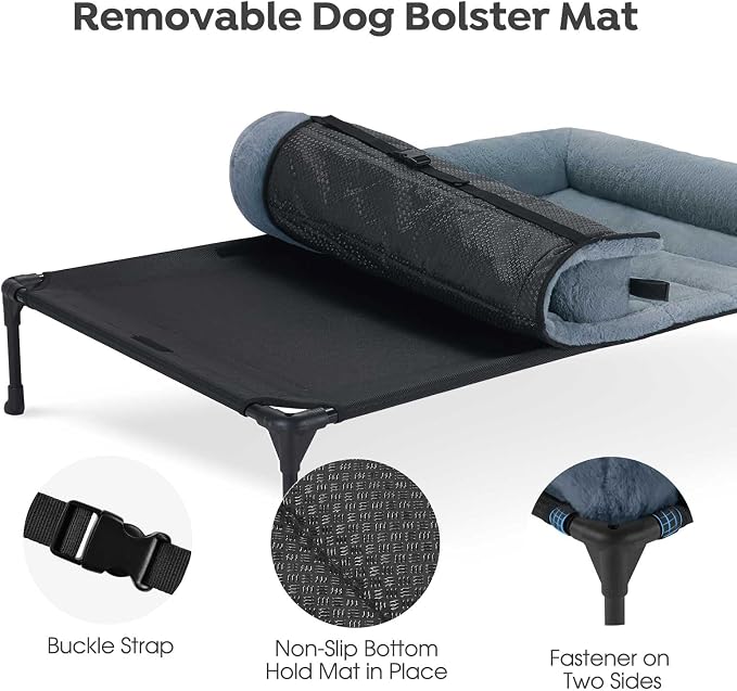 Veehoo Elevated Dog Beds Large Sized Dog with Fluffy Plush Bolster Cushion | Orthopedic Raised Dog Beds for Indoor Outdoor, Soft Pet Sofa Cot with Removable Washable Mat, No-Slip Feet, 42" x 30", Blue
