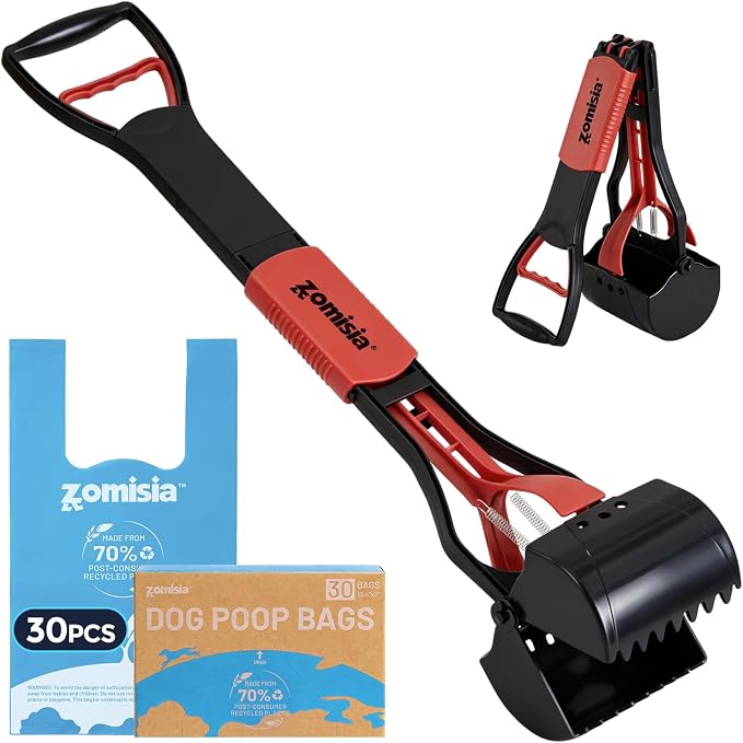 ZOMISIA 32" Pooper Scooper with Waste Bags - Poop Scooper for Large Dogs with Long Handle High Strength Material and Durable Spring for Yard, 30 Count Poop Bags