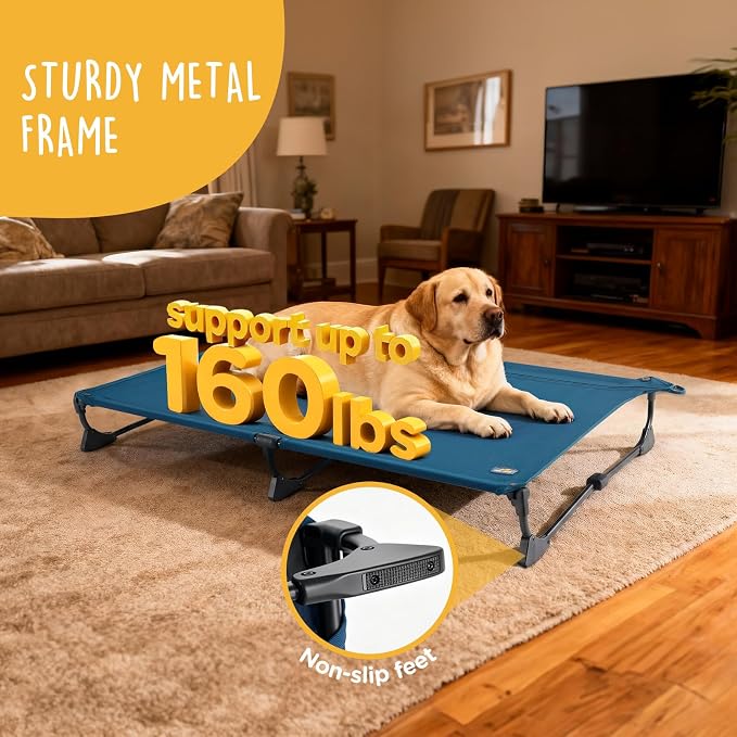 Upgraded Non-Slip Daisy Cot, XL Foldable Elevated Dog Bed, Portable Raised Outdoor Folding Dog Cot for Camping/Home, Chew Proof Waterproof Heavy Duty Up to 160 Lbs, Dark Blue, 49"x33"