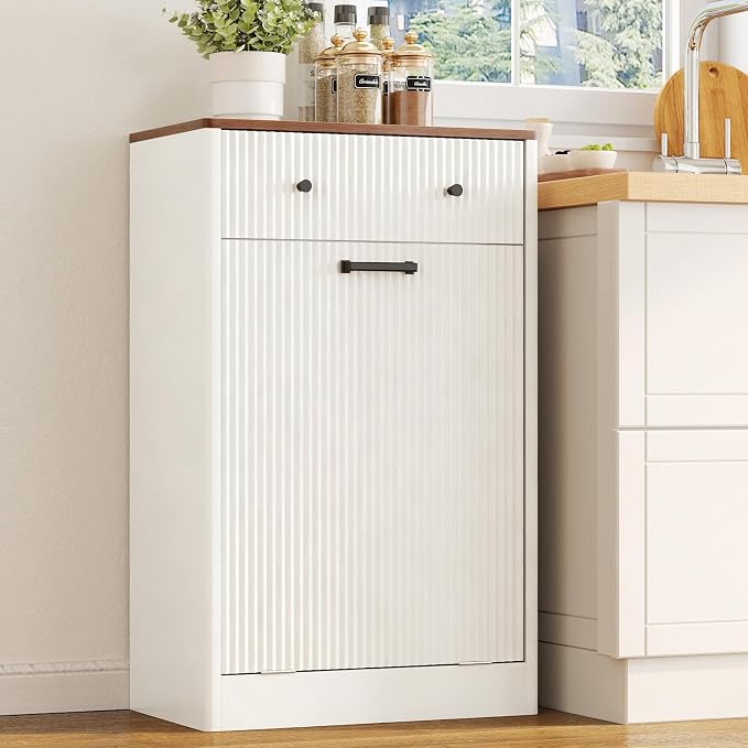 10 Gallon Tilt Out Trash Can Cabinet with Drawer - Modern Fluted Hidden Garbage Bin Holder, Curved Edge Wooden Laundry Hamper Cabinet, White