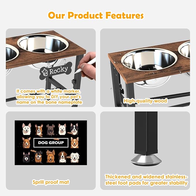 ADENGL Triple Elevated Dog Bowls Stand for Multiple Dogs, 3 Height Adjustable Raised Dog Bowl Stand with 3 Stainless Steel 1700ml(58oz) Bowls & Wood Tray & Mat