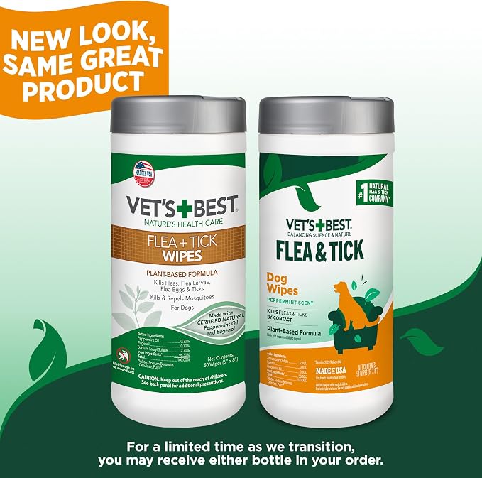 Vet’s Best Natural Flea and Tick Wipes for Dogs, Plant-Based Wipes for Flea and Tick Prevention Certified Essential Oils, Pest Control for Kennels and Home Use, Made in USA, 50 Count